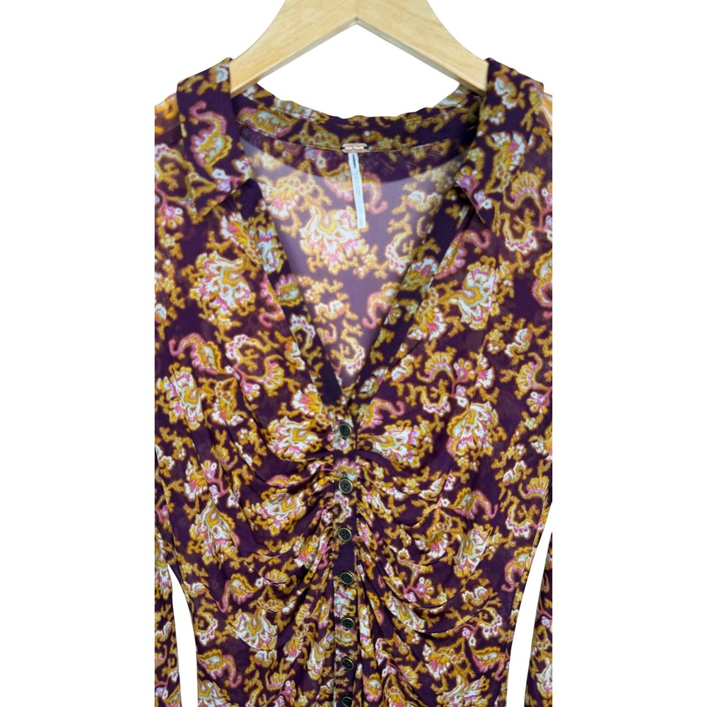 FREE PEOPLE Lucky Shirtee In Cosmo Paisley Ruched V Neck  SHIRT Mesh Boho y2k L - Picture 4 of 10